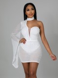 White Beaded Single Shoulder Mini Dress