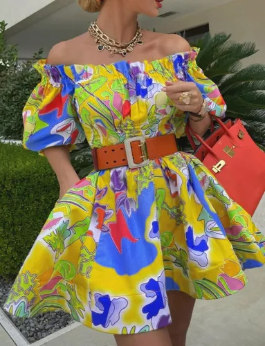 Yellow Print Off Shoulder Bubble Short Sleeve Mini Skater Dress