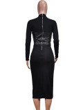 Black PU Patch Midi Neck Long Sleeve Slim Fit Long Dress