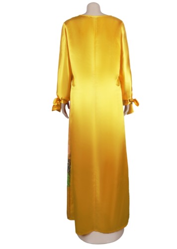 Colorful Floral Yellow Silk Long Sleeve Loose Long Dress