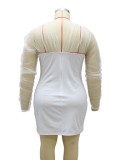 Plus Size White Mesh Patch V-Neck Long Sleeve Mini Sheath Dress