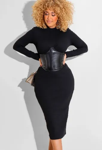 Black PU Patch Midi Neck Long Sleeve Slim Fit Long Dress