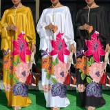 Colorful Floral Black Silk Long Sleeve Loose Long Dress