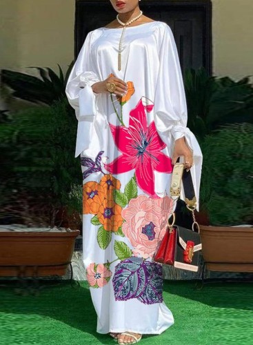 Colorful Floral White Silk Long Sleeve Loose Long Dress
