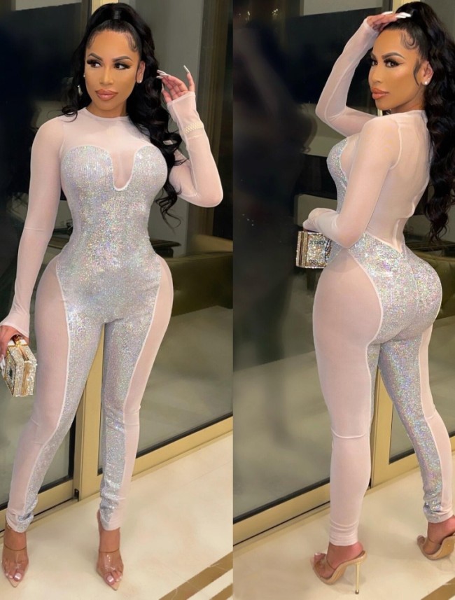 White Mesh Patch Bling Bling Long Sleeves O-Neck Jumpsuit