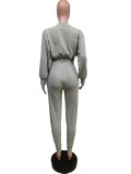 Grey  O-Neck Long Sleeve Crop Top And Drawstring Pant 2PCS Set