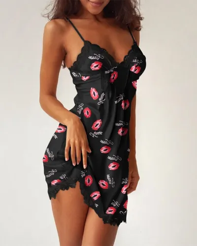 Lip Print Black Lace Cami Mini Pajamas Nightgown