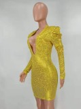 Yellow Sequin Plunge Neck Puffed Long Sleeve Sheath Dress