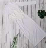 White PU Patch Midi Neck Long Sleeve Slim Fit Long Dress
