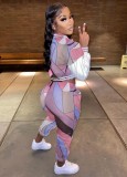 Multicolor Button Long Sleeves Crop Top and Drawstring Pants 2PCS Tracksuit