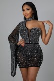 Black Beaded Single Shoulder Mini Dress