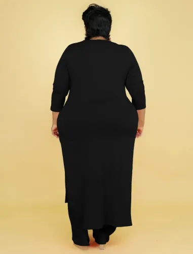 Plus Size Black O-Neck Slit Long Sleeves Long Top and Pants 2PCS Set