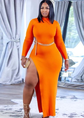 Plus Size Orange Open Back Long Sleeves Side Slit Maxi Dress