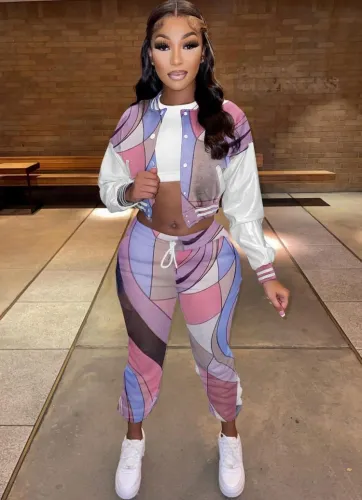 Multicolor Button Long Sleeves Crop Top and Drawstring Pants 2PCS Tracksuit