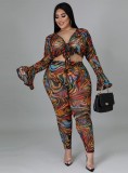 Plus Size Print Knotted Crop Top and High Waist Pants 2PCS Set
