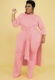 Plus Size Pink O-Neck Slit Long Sleeves Long Top and Pants 2PCS Set