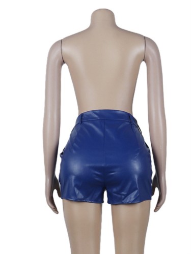 Blue PU Leather High Waist Shorts with Pocket