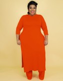 Plus Size Orange O-Neck Slit Long Sleeves Long Top and Pants 2PCS Set
