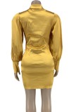 Yellow Silk Puff Sleeve Button Open Ruched Mini Dress