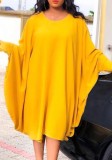 Plus Size Yellow O-Neck Bat Sleeve Wide Midi Dress