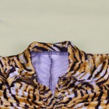 Tiger Stripe Button Up Long Sleeve Mini Blouse Dress