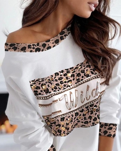 Leopard Print White Beaded Long Sleeves Loose Shirt