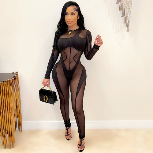 Black See Through Long Sleeve Mesh Splicing Bodycon Sexy Jumpsuit