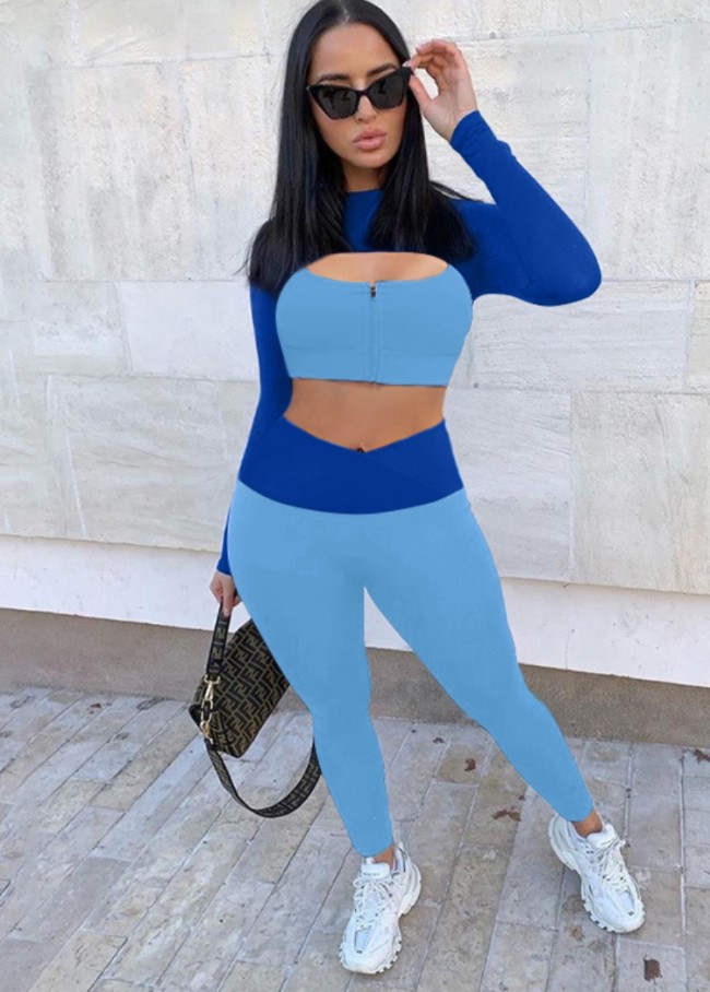 Dk-Blue and Lt-Blue Contrast Keyhole Zip Crop Top And Pant 2PCS Set
