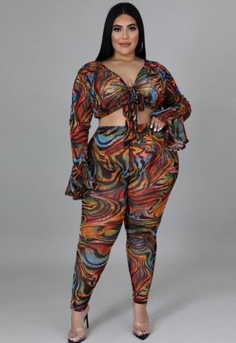 Plus Size Print Knotted Crop Top and High Waist Pants 2PCS Set