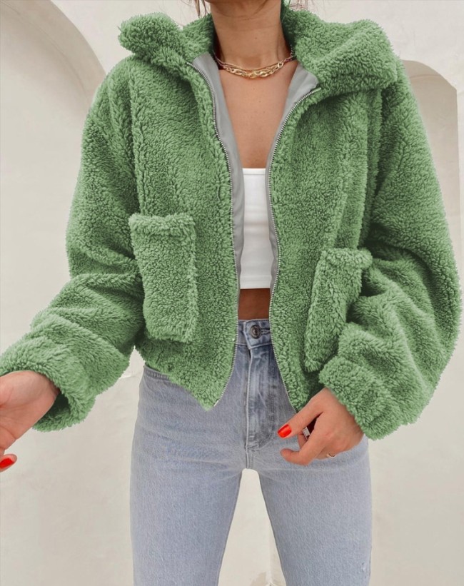 Green Fleece Zipper Open Long Sleeve Coat with Pocket