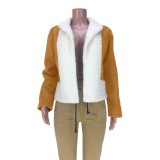 White Fleece Brown Long Sleeve Turndown Collar Jacket