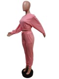 Pink O-Neck Long Sleeve Crop Top And Drawstring Pant 2PCS Set