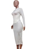 White PU Patch Midi Neck Long Sleeve Slim Fit Long Dress