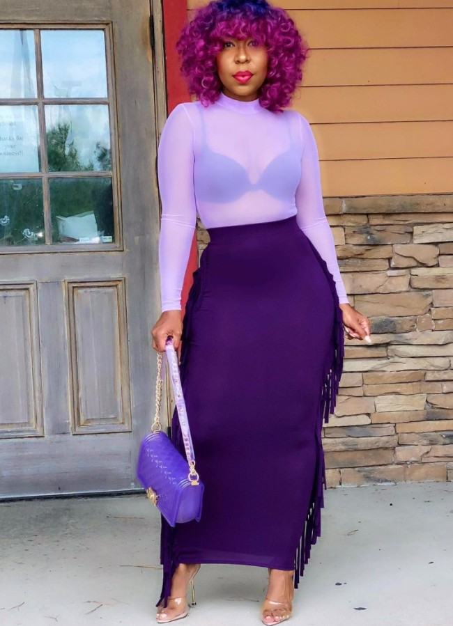 Purple See Through Shirt And Maxi Tassels Pencil Skirt 2PCS Set