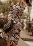 Snake Skin Print Long Sleeve Split Midi Dress