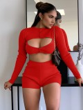 Red O-Neck Keyhole Button Up Crop Top And Shorts 2PCS Set