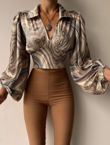 Brown Print V-Neck Puff Sleeve Turndown Collar Crop Top