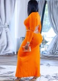 Plus Size Orange Open Back Long Sleeves Side Slit Maxi Dress