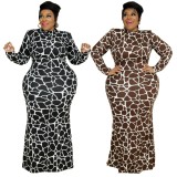 Plus Size Black Leopard Print Long Sleeves Round Neck Maxi Dress