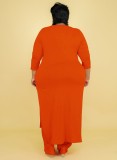 Plus Size Orange O-Neck Slit Long Sleeves Long Top and Pants 2PCS Set