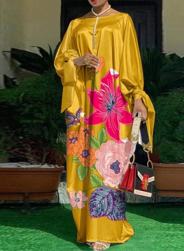 Colorful Floral Yellow Silk Long Sleeve Loose Long Dress