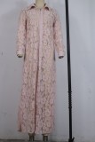 Pink Lace Button Up Long Sleeve Turndown Collar Long Cardigan