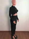 Black O-Neck Long Sleeve Irregular Crop Top and Tassels Pants 2PCS Set