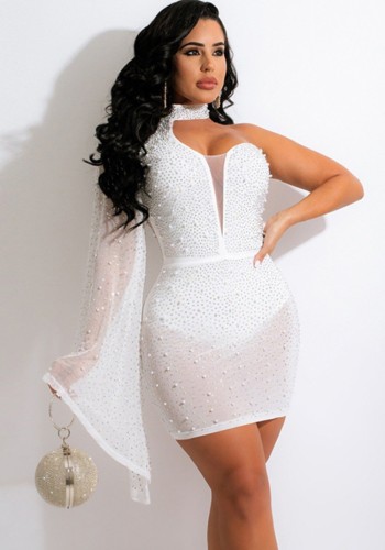 White Beaded Single Shoulder Mini Dress