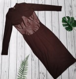 Brown PU Patch Midi Neck Long Sleeve Slim Fit Long Dress