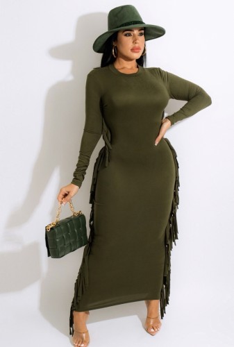 Olive Green O-Neck Long Sleeves Tassels Maxi Dress