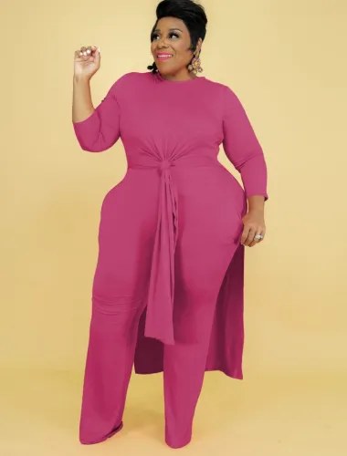 Plus Size Rose O-Neck Slit Long Sleeves Long Top and Pants 2PCS Set
