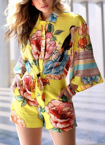 Floral Yellow Turndown Collar Knotted 3/4 Sleeve Romper