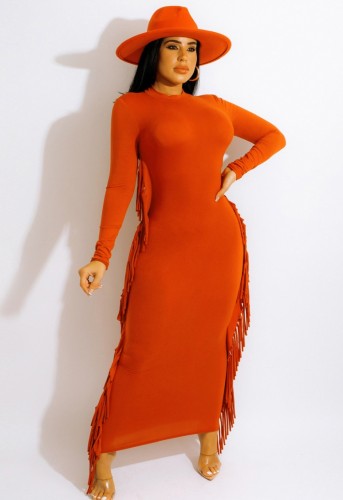Orange O-Neck Long Sleeves Tassels Maxi Dress