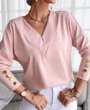 Pink V-Neck Long Sleeve Drop Shoulder Shirt